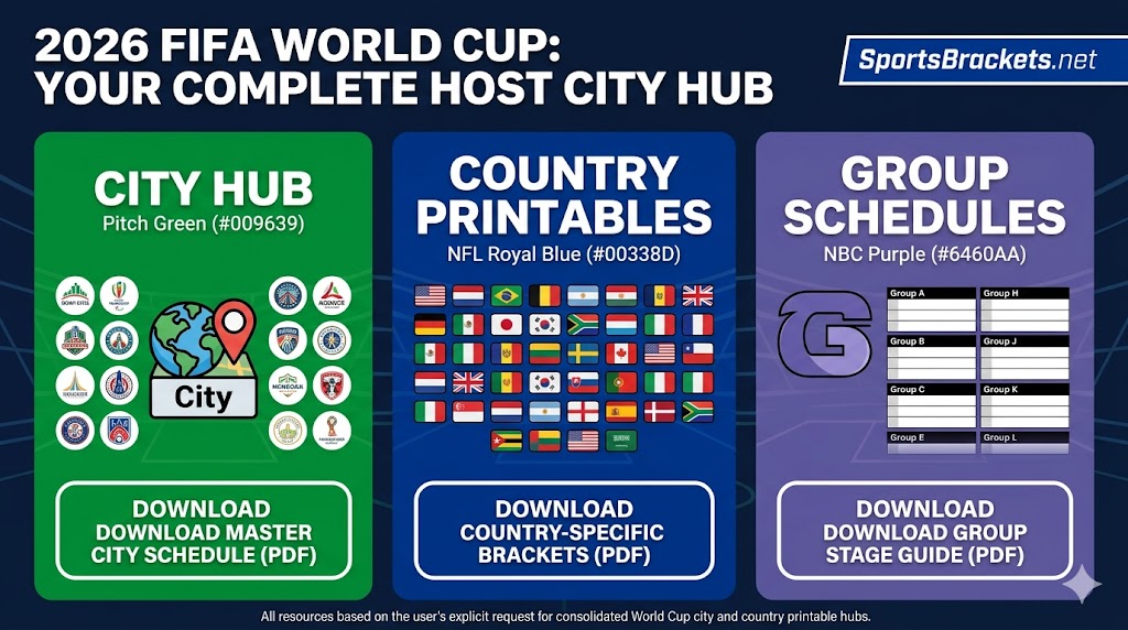 Promotional banner for the 2026 FIFA World Cup with three panels: City Hub (green) with icons and a 'Download City Schedule (PDF)' CTA, Country Printables (blue) with flags and a 'Download Country-Specific Brackets (PDF)' CTA, and Group Schedules (purple) with a grid and a 'Download Group Stage Guide (PDF)' CTA.