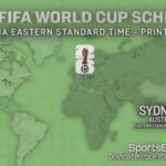 Green world-map banner announcing the 2026 FIFA World Cup schedule in Australian Eastern Standard Time, with a Sydney clock and printable PDF.