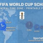 Map-style image showing the 2026 FIFA World Cup schedule with city clocks across Chicago, Dallas, Minneapolis, Kansas City, Dubai, Mumbai, Tokyo and London on a blue world map background.