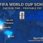 World map graphic announcing the 2026 FIFA World Cup schedule in Eastern Time with a printable PDF and highlighted cities: Seattle, New York, Philadelphia, Mexico City, Dallas, and a clock icon on the right.