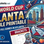 Colorful banner advertising the 2016 World Cup Atlanta printable schedule, featuring brackets, skyline, stadium, and sports icons with 'Your guide to all games in Atlanta' text.