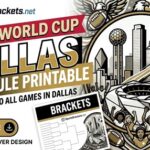 Colorful banner for 2016 World Cup Dallas schedule printable, with braces, skyline, and sports icons showing brackets and printable ink-save design details