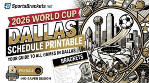 Colorful banner for 2016 World Cup Dallas schedule printable, with braces, skyline, and sports icons showing brackets and printable ink-save design details