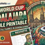 Colorful banner advertising 2026 World Cup Guadalajara schedule printable, with a stadium, arches, and cheering crowd.