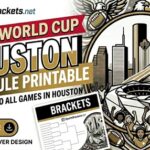 World Cup Houston 2016 printable schedule graphic with skyline and football imagery, promoting a printable guide to all games in Houston on SportsBrackets.net