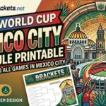 Colorful 2016 World Cup poster: Mexico City schedule printable, stadium and crowds in a decorative arch scene.