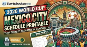 Colorful 2016 World Cup poster: Mexico City schedule printable, stadium and crowds in a decorative arch scene.