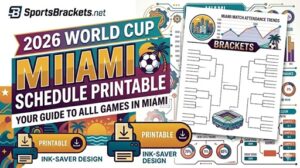 Collage promoting the 2016 World Cup Miami printable schedule and brackets, with bold MIAMI title and SportsBrackets.net logo.