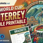 Colorful poster advertising the 2026 World Cup Monterey schedule printable with a stadium, ball, and cheering crowd plus a Brackets booklet logo (SportsBrackets.net).