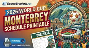 Colorful poster advertising the 2026 World Cup Monterey schedule printable with a stadium, ball, and cheering crowd plus a Brackets booklet logo (SportsBrackets.net).