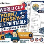 Collage promoting the 2026 World Cup schedule printable for New York and New Jersey, with brackets and “Your Guide to All Games in NY/NJ” text and ink‑ saver designs.