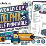 Collage promoting 2016 World Cup Philadelphia schedule printable and brackets from SportsBrackets.net, with large 'PHILADELPHIA SCHEDULE PRINTABLE' text and bracket sheets.
