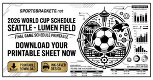 Promotional poster for the 2026 World Cup Schedule: Seattle – Lumen Field, featuring a large soccer-ball emblem and two download buttons (Printable Download, Ink-Saver Design).