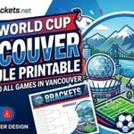 Colorful banner advertising the 2016 World Cup Vancouver schedule printable from SportsBrackets.net, with bold text, stadium graphic, mountains, and a globe motif.
