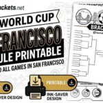 Promotional graphic for the 2016 World Cup: San Francisco printable schedule with bracket layouts and ink-saver icons (your guide to all games in San Francisco).