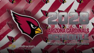 Arizona Cardinals 2028 schedule graphic with large team logo and bold text on a red-white striped background