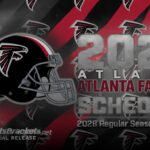 Graphic announcing the 2028 Atlanta Falcons regular season schedule with Falcons helmet and team logos in a red-and-black background, official release image by SportsBrackets.net