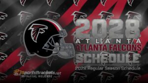 Graphic announcing the 2028 Atlanta Falcons regular season schedule with Falcons helmet and team logos in a red-and-black background, official release image by SportsBrackets.net