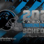 Panthers 2028 schedule graphic with team helmet and 'Carolina Panthers' text in blue and gray tones