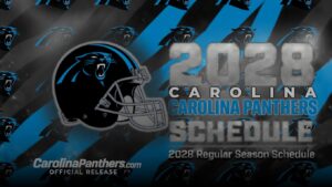 Panthers 2028 schedule graphic with team helmet and 'Carolina Panthers' text in blue and gray tones