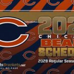 Promotional graphic announcing the 2028 Chicago Bears schedule: large Chicago 'C' logo on the left, bold '2028 BEARS SCHEDULE' over a blue and orange diagonal striped background.