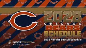 Promotional graphic announcing the 2028 Chicago Bears schedule: large Chicago 'C' logo on the left, bold '2028 BEARS SCHEDULE' over a blue and orange diagonal striped background.