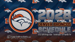 Large Denver Broncos logo on a blue banner with '2028 Schedule' text for the 2028 season.