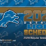 Detroit Lions 2028 schedule graphic with large lion logo, bold '2028' and 'LIONS SCHEDULE' on a blue background with repeating lion silhouettes; confirms official release by SportsBrackets.net.
