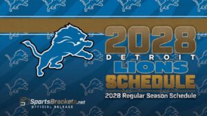 Detroit Lions 2028 schedule graphic with large lion logo, bold '2028' and 'LIONS SCHEDULE' on a blue background with repeating lion silhouettes; confirms official release by SportsBrackets.net.