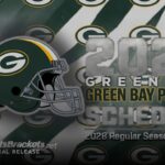 Poster-style graphic announcing Green Bay Packers 2028 regular season schedule, featuring the team helmet and repeating logos