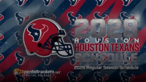 Houston Texans helmet on a red‑blue patterned background with large '2028' and 'Houston Texans Schedule' text (official release).