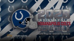 Graphic poster for the 2028 Indianapolis Colts schedule featuring the Colts helmet logo and bold text: '2028 Indianapolis Colts Schedule' and '2028 Regular Season Schedule'