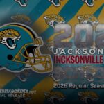 Graphic announcing Jacksonville Jaguars 2028 regular season schedule with teal helmet and jaguar logos on a striped background.