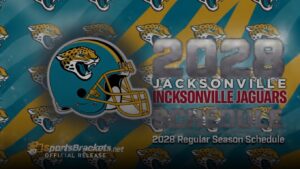 Graphic announcing Jacksonville Jaguars 2028 regular season schedule with teal helmet and jaguar logos on a striped background.
