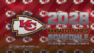 Poster for the Kansas City Chiefs 2028 schedule with large metallic '2028' text and Chiefs logo graphics on a red background.