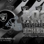 Raiders 2028 Las Vegas schedule graphic with Raiders helmet and team logos in grayscale background