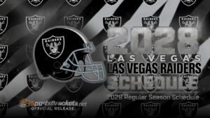 Raiders 2028 Las Vegas schedule graphic with Raiders helmet and team logos in grayscale background