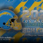 Graphic announcing the 2028 Los Angeles Chargers schedule with helmet and team logos on a blue-yellow background, official release style.