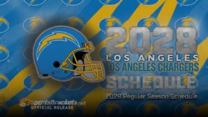 Graphic announcing the 2028 Los Angeles Chargers schedule with helmet and team logos on a blue-yellow background, official release style.