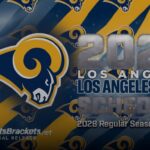 Graphic featuring the Los Angeles Rams logo on blue and gold diagonal stripes, with the text '2028 LOS ANGELES RAMS SCHEDULE' and '2028 Regular Season Schedule'.