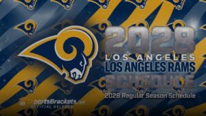 Graphic featuring the Los Angeles Rams logo on blue and gold diagonal stripes, with the text '2028 LOS ANGELES RAMS SCHEDULE' and '2028 Regular Season Schedule'.
