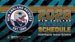 New England Patriots logo alongside bold 2028 schedule text announcing the 2028 regular season schedule.