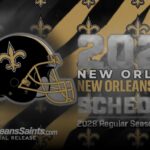 New Orleans Saints 2028 schedule graphic with team helmet and fleur-de-lis background.