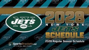 New York Jets 2028 regular season schedule graphic with Jets logo on a teal striped background.