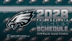 Philadelphia Eagles 2028 schedule graphic with large logo and '2028 Regular Season Schedule' text on a teal background