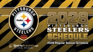 Pittsburgh Steelers 2028 schedule cover with team logo and bold 'SCHEDULE' text on a black-gold striped background.