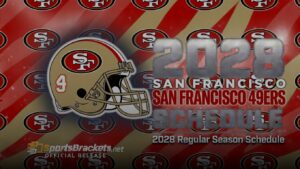 Poster advertising the 2028 San Francisco 49ers schedule with a gold helmet and large '2028' text, SF logos in the background