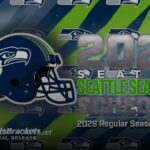 Seattle Seahawks banner announcing 2028 regular season schedule with helmet logo on the left side.