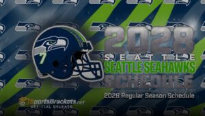 Seattle Seahawks banner announcing 2028 regular season schedule with helmet logo on the left side.