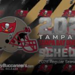 Graphic promoting the 2028 Tampa Bay Buccaneers schedule with the team helmet, flag logos, and diagonal black-and-gold background
